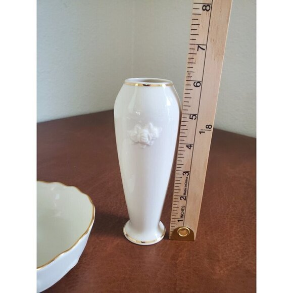 Lenox Vases And Bowl Rose Blossom‎ Porcelain 24k Gold Rimmed Ivory Colored EUC - Picture 6 of 10